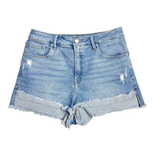 GOOD AMERICAN Good Curve High Waist Step-Hem Denim Shorts In Blue 466 Size 12/31 - Picture 1 of 7